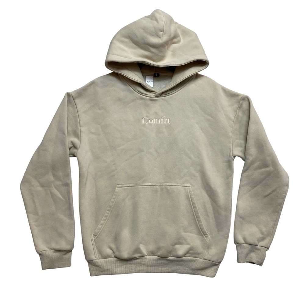 Comfrt Hoodie Unisex Small Tan Embroidered Logo Pullover Sweatshirt